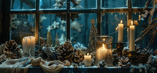Warmly lit festive decorations create a magical holiday table scene with snow-dusted lanterns and sparkling lights. AI generative.