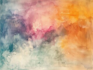 Soft pastel hues blend together in this abstract watercolor background, conveying a dreamy and ethereal artistic atmosphere.