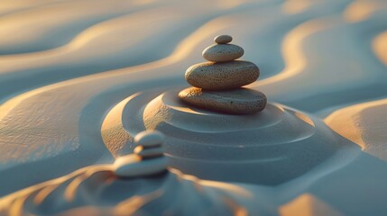 Fototapeta na wymiar Zen stones balanced perfectly on rippled sand. peaceful and calming image depicting harmony. ideal for wellness and meditation. AI