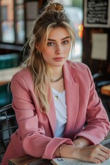 25 year old woman with a young face and blonde hair wearing a pink blazer with a white t-shirt...