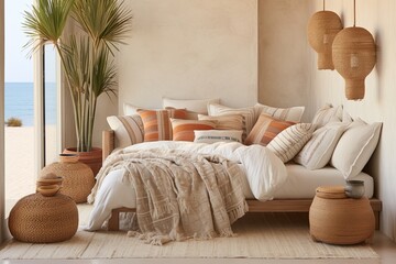 Bohemian Terracotta Beach-Inspired Bedroom Interiors: Chic Pillow and Rug Designs