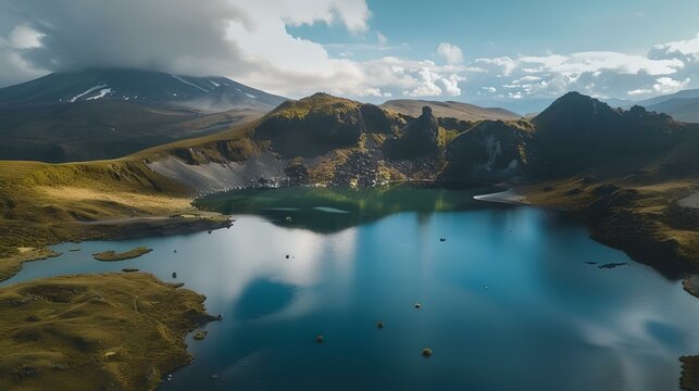 Breathtaking aerial view of a serene mountain lake embraced by lush hills. tranquil nature escape captured in vivid colors. ideal for travel and adventure themes. AI