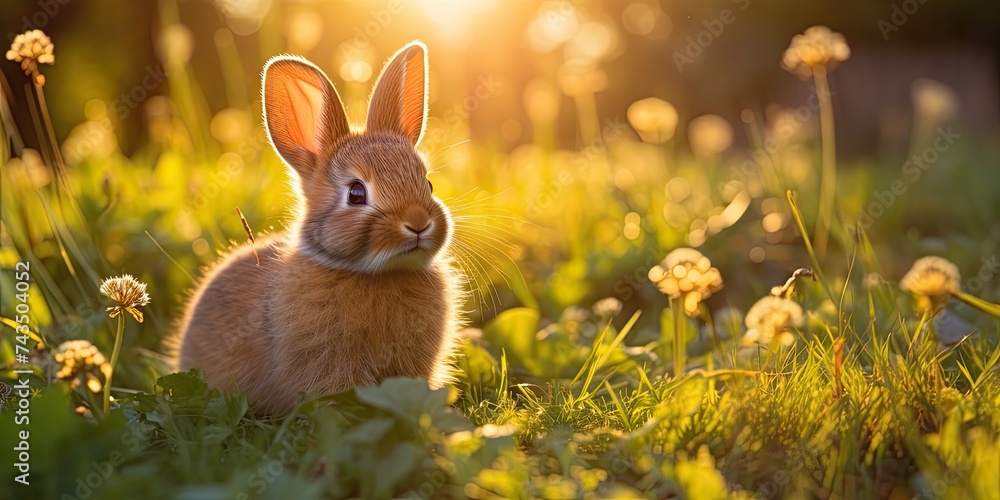 Wall mural sunny summer day, a brown baby rabbit sits contentedly on the lush green grass. with its soft fur an - Wall murals
