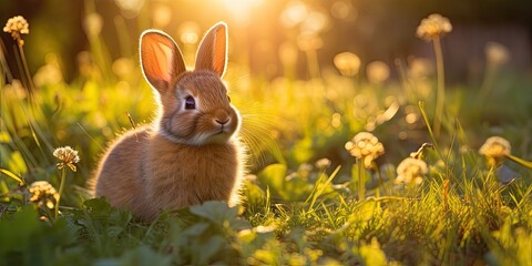 sunny summer day, a brown baby rabbit sits contentedly on the lush green grass. With its soft fur and floppy ears, it's an adorable sight to behold. The warm sunlight illuminates its fur
