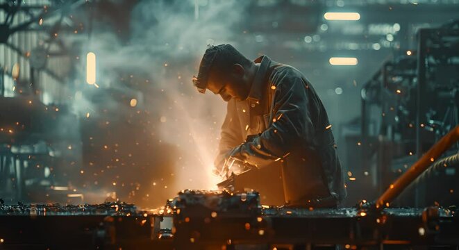 An industrial scene of steel welding in progress, a welder focused on joining metal components