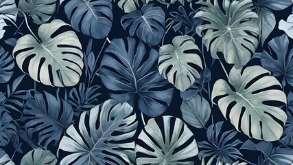 Collection of tropical leaves,foliage plant in blue color with space background 