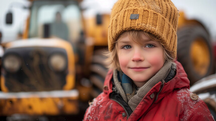 Child Standing by a Tractor During a Farmers' Strike