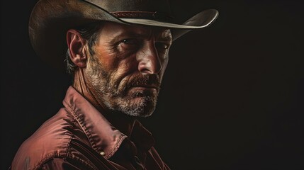Intense cowboy in a hat stares with a piercing gaze. dramatic lighting, western style, portrait image. ideal for themed content. AI