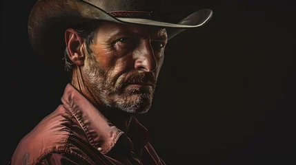 Fotobehang Intense cowboy in a hat stares with a piercing gaze. dramatic lighting, western style, portrait image. ideal for themed content. AI © Irina Ukrainets