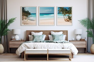 Serene Tropical Beaches Wall Art: Exotic Bedroom Interiors Poster