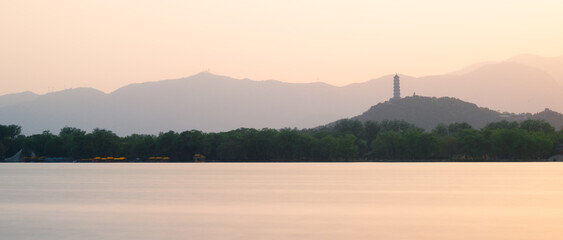 sunset over the lake in summer palace