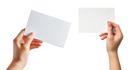 Obraz premium White blank postcard in hand. Card with space for copying. Letter, sheet, paper. Isolated on a transparent background.