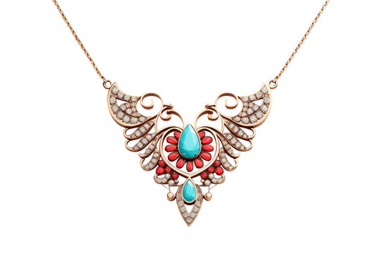 Beautiful gold necklace with a winged design, adorned with gemstones and intricate metalwork, cut out. Prominent red gemstones complemented by smaller turquoise accents and shimmering crystals
