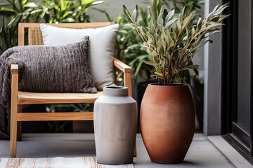 Industrial Chic Balcony Inspirations: Concrete Table and Terracotta Vase Delight.