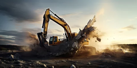 Photo sur Aluminium Gris 2 excavator in action is a powerful sight to behold. With its massive arm and bucket, it moves earth and debris with ease, reshaping the landscape with precision and efficiency.