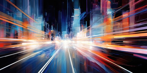 abstract image captures the blur of motion as cars streak through the city streets at night. Against the backdrop of modern urban architecture, the lights of vehicles create vibrant streaks of color, 