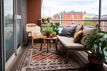Fototapeta na wymiar Scandinavian Chic: Industrial Balcony Design with Wooden Floor and Stylish Rug