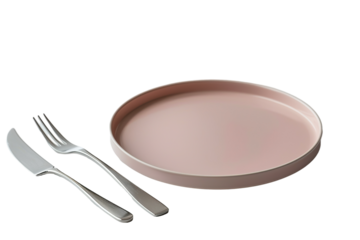 empty modern color plate with a fork and a knife next to it, plain white background PNG