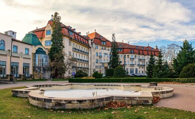 Panorama Piestany the Spa Island. Thermal springs with healing water, treatment of the musculoskeletal system, health balneotherapy, peloid, heat therapy. Europe, Slovakia - obrazy, fototapety, plakaty