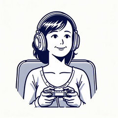 大人の女性がビデオゲームをしているイラスト。女性がヘッドフォンをしてコントローラーを持ちオンラインゲームをプレイしている。