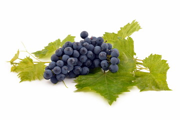 Bunch of grapes isolated on white background. Healthy fruits with leaves. 