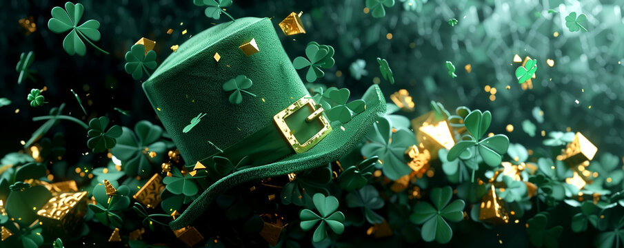 St. Patrick's Day Holiday Promotion Banner. A charming St. Patrick's Day setting featuring a traditional leprechaun hat with clovers on a glittery background