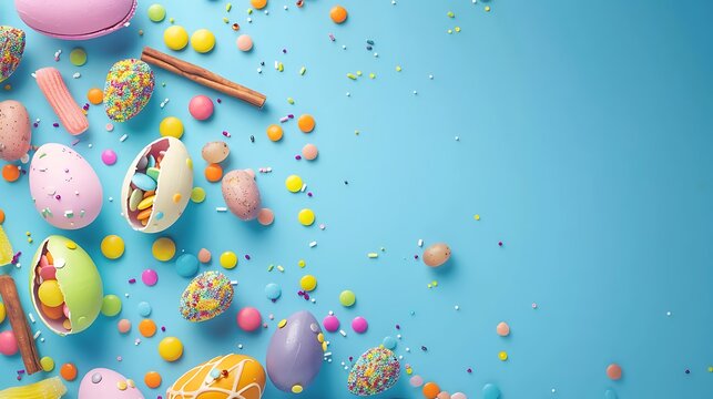 Happy Easter concept. Preparation for holiday. Easter candy chocolate eggs and jellybean sweets isolated on trendy pastel blue background. Simple minimalism flat lay top view copy space banner