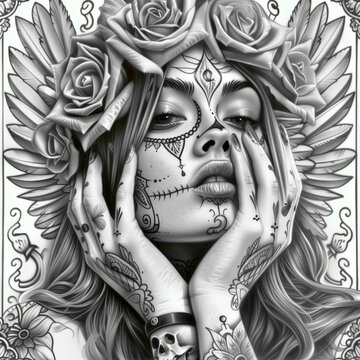 Template of design art for t-shirt. beautiful woman in chicano style.
