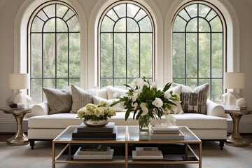Fototapeta premium Arch Window Sofa: Modern Victorian Living Room with Hollywood Glam Inspirations