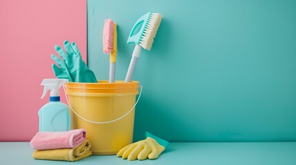 Bright cleaning supplies on a turquoise background for housekeeping. simple and neat composition. ideal for ads and tutorials. AI - obrazy, fototapety, plakaty