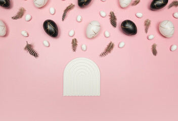 Top view of easter eggs, feathers on pink background. White arch tray, product presentation. Creative easter composition, spring, flat lay, copy space.
