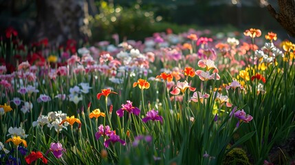 Fototapeta premium Beautiful blooming garden displaying a variety of colorful flowers in spring. perfect for nature backgrounds and floral themes. AI