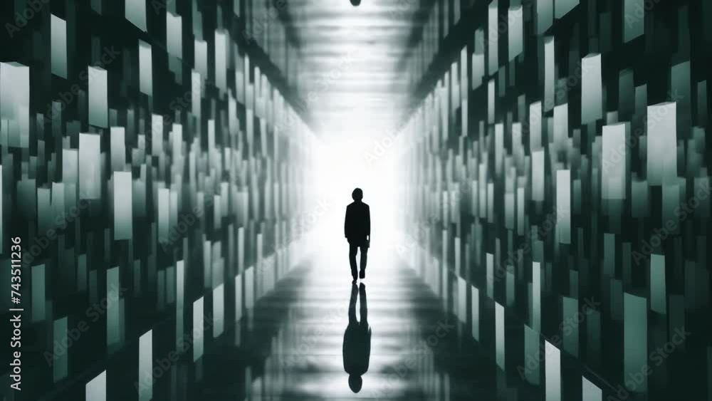 Poster a person walking through a dark hallway filled with mirrors representing the distorted view of reali