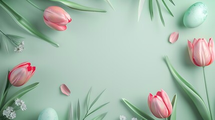 Top view of frame with tulips and pastel easter eggs isolated on light green background
