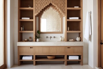 Moroccan Tile Bathroom Minimalist Inspirations: Contrasting Wooden Cabinet Elegance