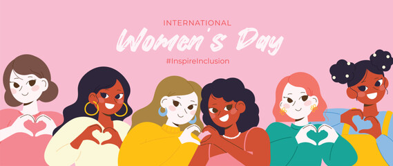 International Women's Day banner vector. Inspire Inclusion hashtag slogan with hand drawn women character from diverse background heart shape hand gesture. Design for poster, campaign, social media. - 743511489