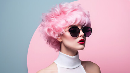 Chic Woman with Pink Bob Hairstyle and Stylish Oversized Sunglasses on Pink Background. Fashion Forward