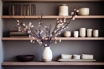Twig Vase Floral Arrangement: Cozy Open Shelving Kitchen Decor Ideas