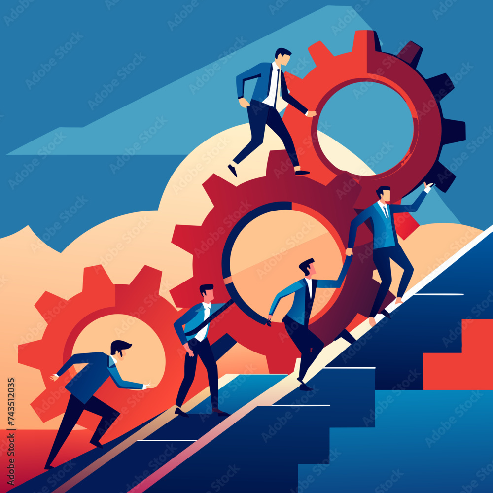 Poster a dynamic vector image of gears meshing together, symbolizing teamwork and collaboration. vektor ill