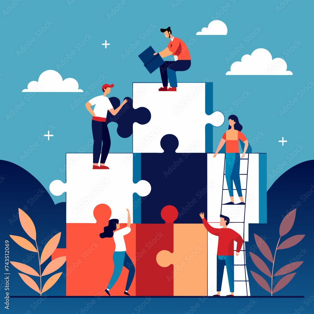 Poster an abstract vector representation of a puzzle coming together, symbolizing problem-solving. vektor i
