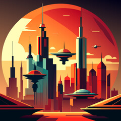 A futuristic vector graphic of a cityscape with flying cars, symbolizing technological advancement. vektor illustation