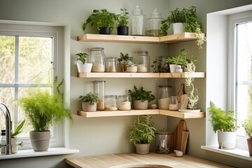 Fototapeta na wymiar Green Plant Corner: Open Shelving Kitchen Decor Ideas for Stylish Spaces