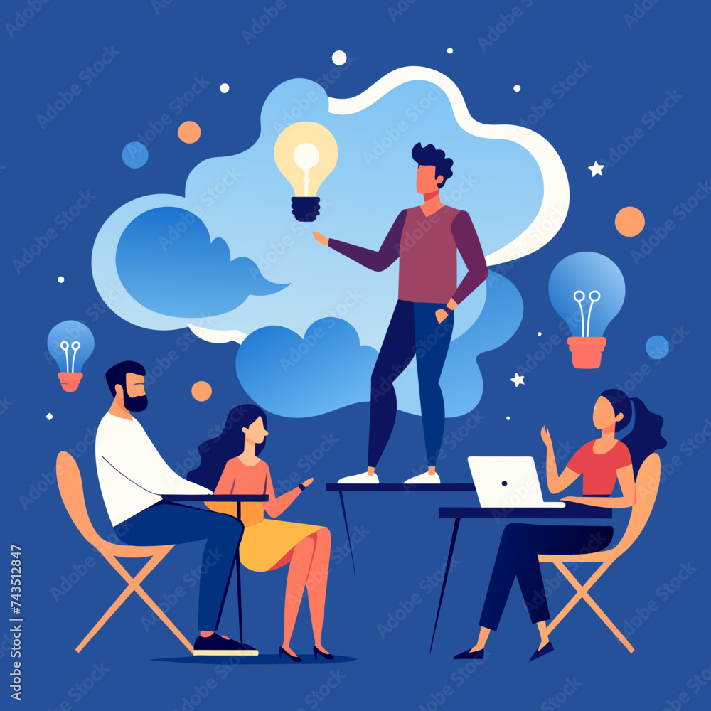 Aufkleber a dynamic vector image of a brainstorming session with people and thought bubbles. vektor illustatio