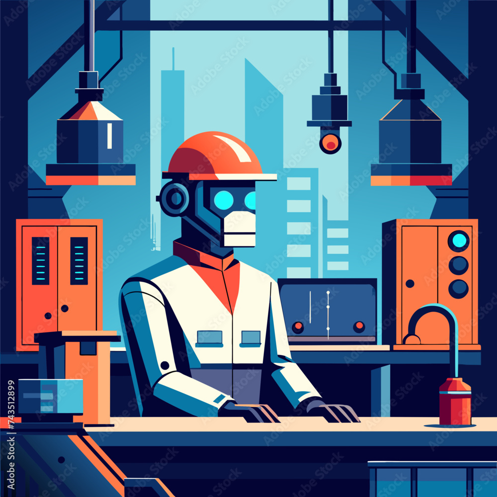 Poster a futuristic vector graphic of a robot working in an automated factory. vektor illustation