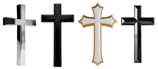 Set of Christian crosses. Religion and belief in God. Silver and black cross. Isolated on a transparent background.