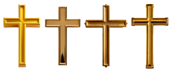 Collection of golden Christian crosses. Religion and belief in God. Isolated on a transparent background.