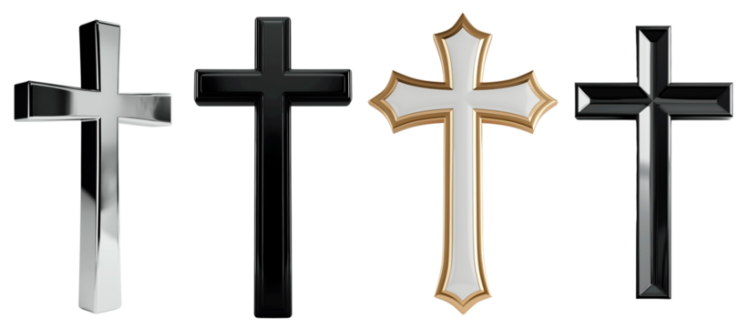 Set of Christian crosses. Religion and belief in God. Silver and black cross. Isolated on a transparent background.