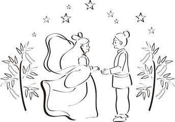 七夕　織姫と彦星　手描き　夏　おしゃれ　線画　イラスト素材