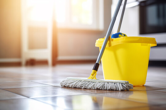 Domestic Cleaning in Progress with Mop and Yellow Bucket on Tiled Kitchen Floor. Household Chores Concept