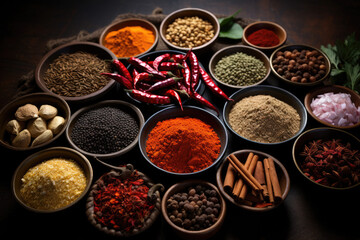 Vibrant Array of Cooking Herbs and Spices Against a Rich Dark Background: Elevate Your Culinary Creations - obrazy, fototapety, plakaty